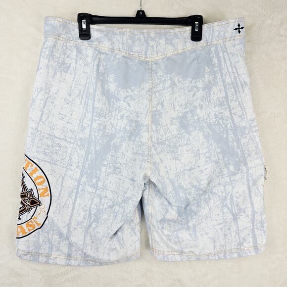 Affliction Board Shorts Mens 38 Gray White Cement Splatter AOP Logo Y2K Grunge - Picture 8 of 12